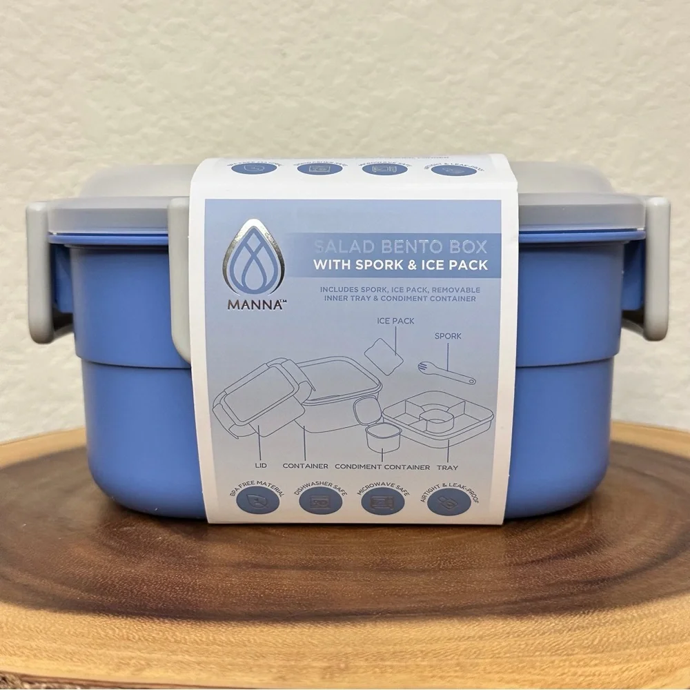 NWT- Manna Blue Salad Bento Box with Spork & Ice Pack 45.7 Oz Air Tight